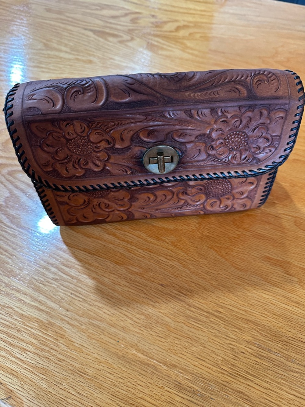 Hand Crafted Vintage Brown Tooled Floral Leather Clutch